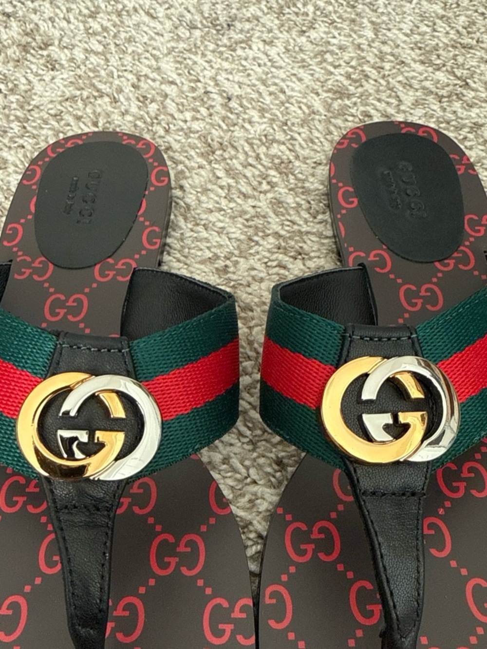 Gucci Black Sandals with Green & Red Web and Gold GG Emblem - Picture 5 of 8